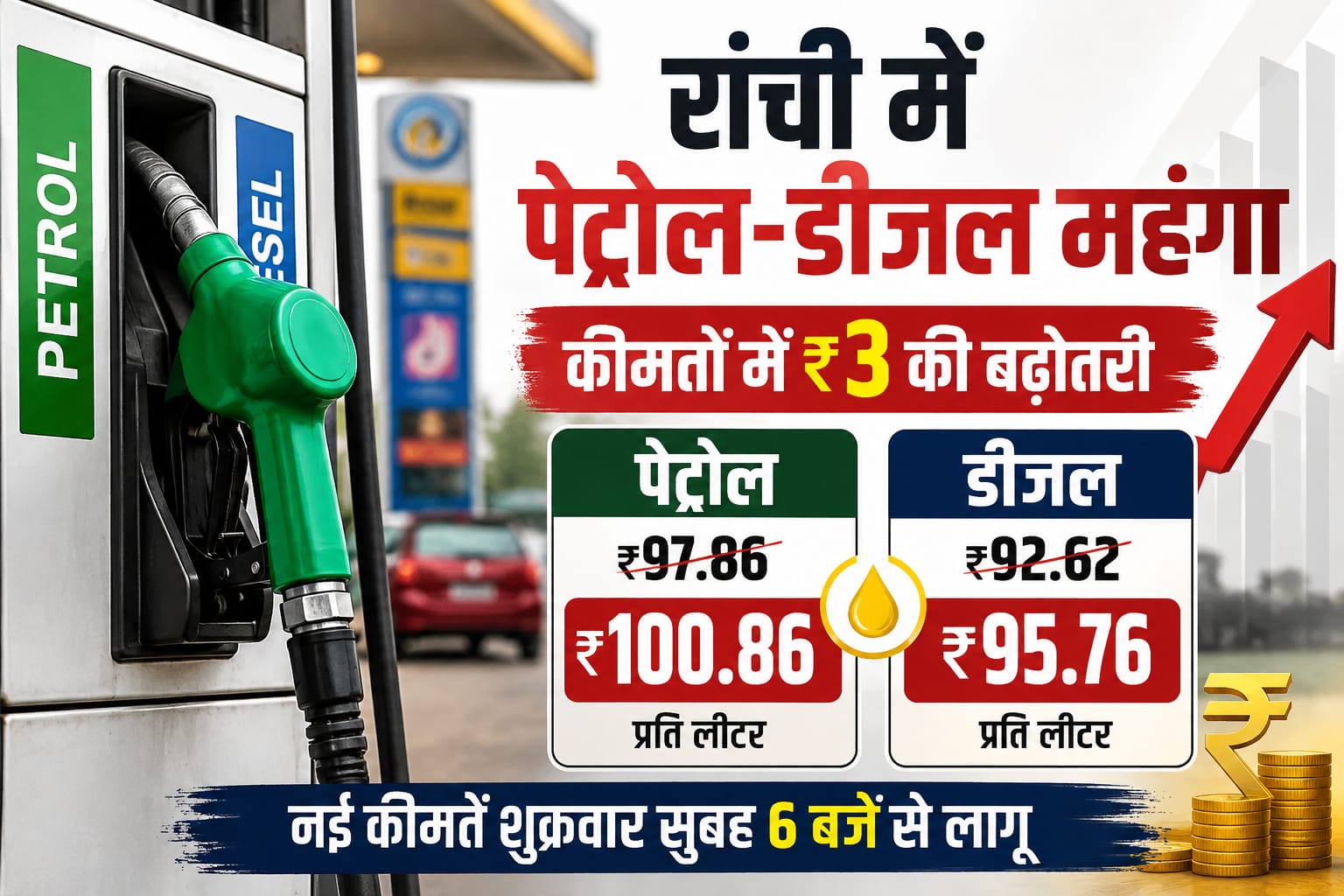 झारखंड/रांची में पेट्रोल ₹100.86 और डीजल ₹95.76 प्रति लीटर, कीमतों में 3 रुपये की बढ़ोतरी
