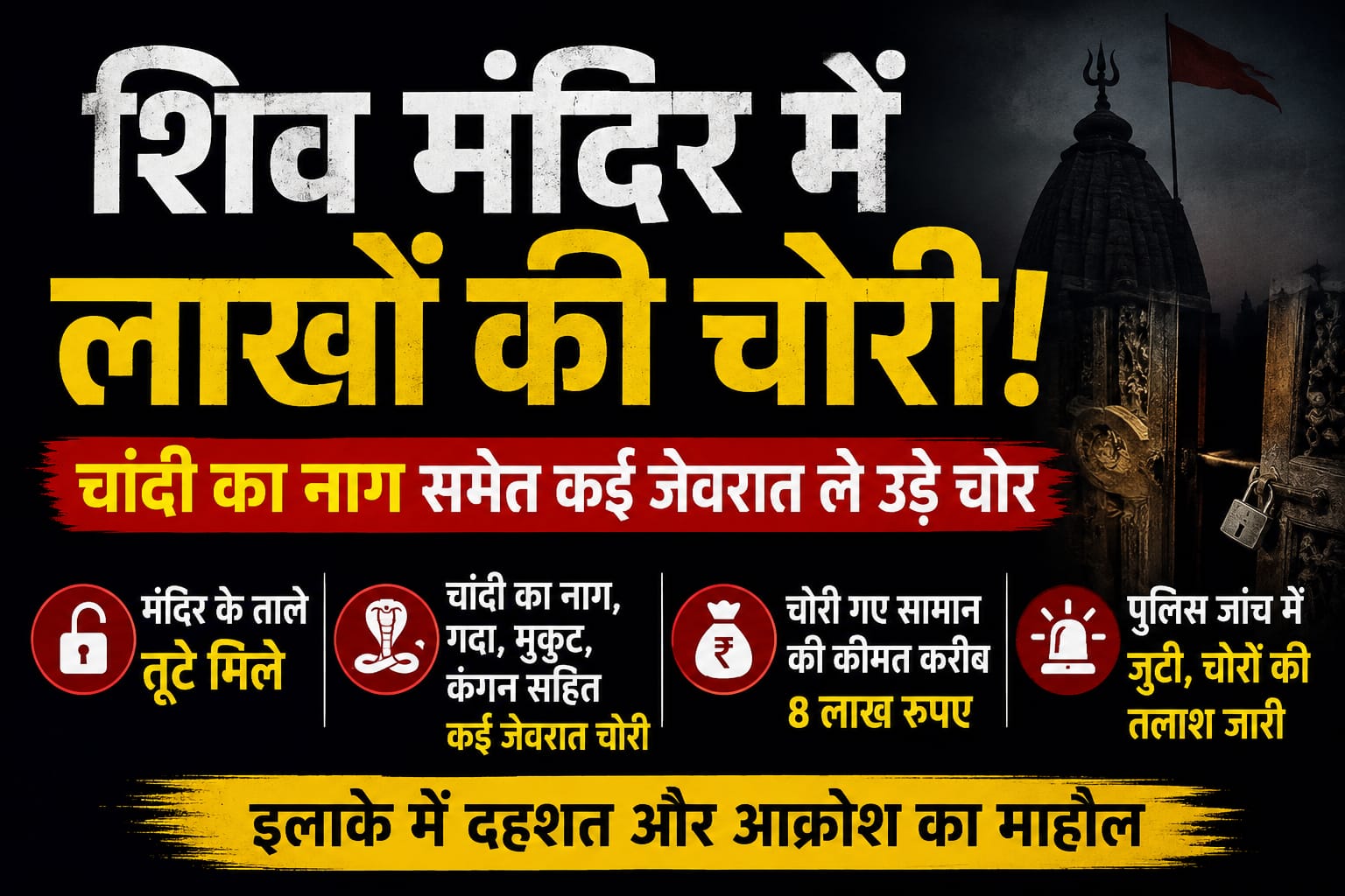 शिव मंदिर में लाखों की चोरी, चांदी का नाग समेत कई जेवरात ले उड़े चोर