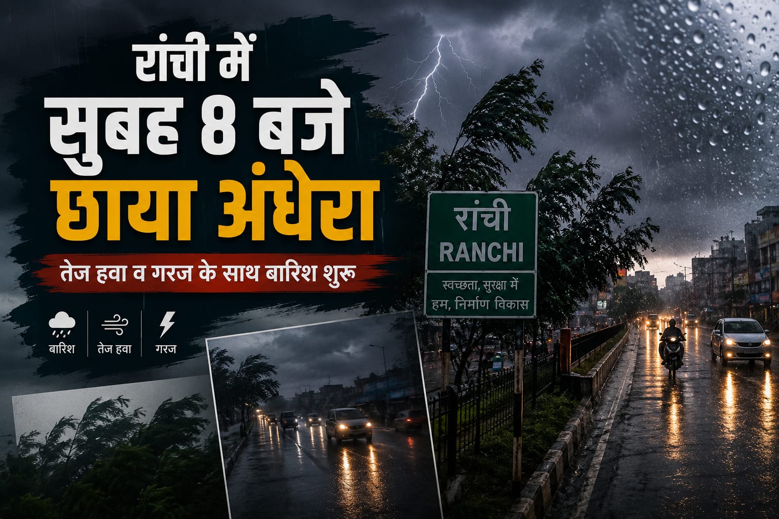 रांची में सुबह 8 बजे छाया अंधेरा, तेज हवा और गरज के साथ शुरू हुई प्री-मानसून बारिश