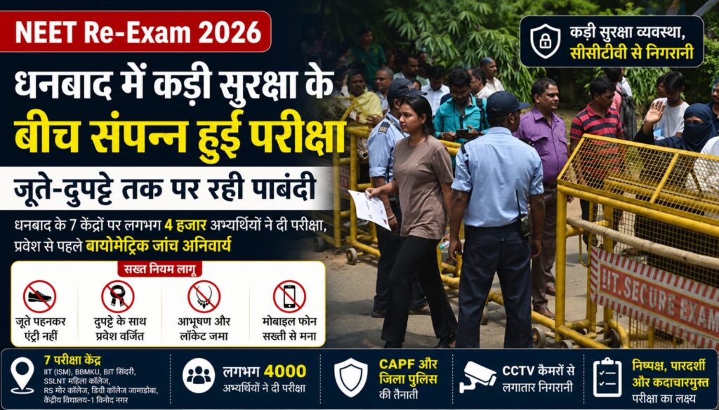 NEET (UG) 2026 पुनर्परीक्षा: धनबाद में कड़ी सुरक्षा के बीच संपन्न हुई परीक्षा, जूते-दुपट्टे तक पर रही पाबंदी