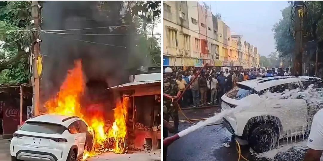 बोकारो में टेस्ट ड्राइव के दौरान हादसा, होटल में घुसी नई कार; कार और बाइक में लगी आग